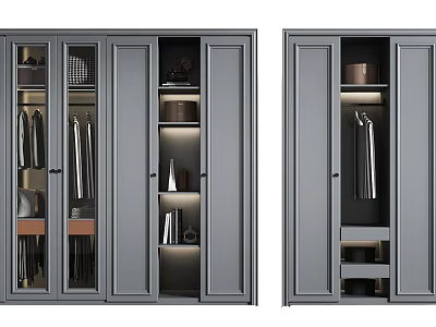 Modern Grey Wardrobe With Multi Panel Doors Interior Lighting And Organized Storage Compartments 3d model