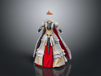 Royal Elegant White Red Dress With Golden Decorations Crown And Long Cloak 3d model