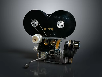 Vintage Film Projector With Large Black Reels And Metal Components On Dark Background 3d model