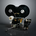 Vintage Film Projector With Large Black Reels And Metal Components On Dark Background
