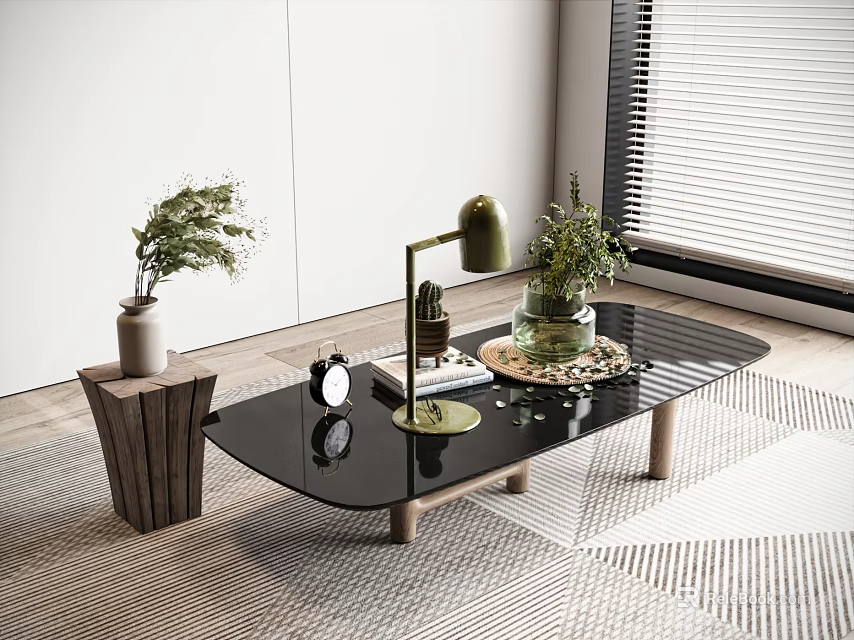 Modern Coffee Table with Glass Top Wooden Legs Table Lamp Plants and Books 3d model 