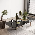Modern Coffee Table with Glass Top Wooden Legs Table Lamp Plants and Books