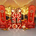 Red Traditional Chinese Festive Decorations With Double Happiness Symbol Lanterns And Golden Ornaments