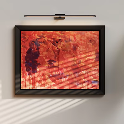 Abstract Painting With Red Orange Hues Dark Brush Strokes Striped Light Shadows In Black Frame 3d model