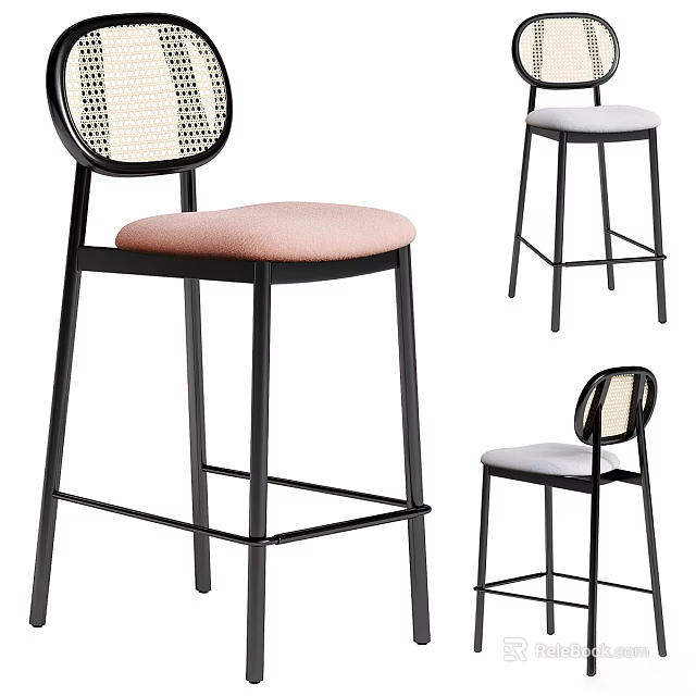 Modern Bar Stools With Wicker Backrest Pink Padded Seat And Black Metal Frame 3d model 