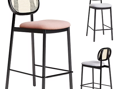 Modern Bar Stools With Wicker Backrest Pink Padded Seat And Black Metal Frame 3d model