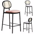 Modern Bar Stools With Wicker Backrest Pink Padded Seat And Black Metal Frame