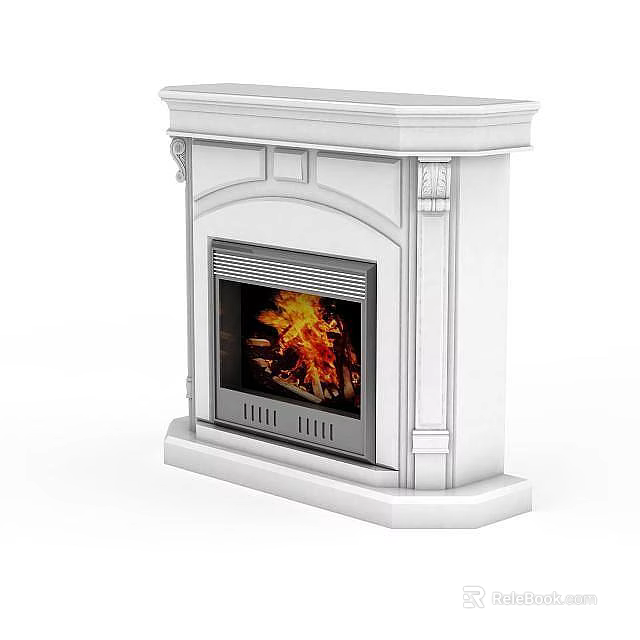 White Traditional Fireplace With Ornate Design And Burning Fire Interior Decor 3d model 