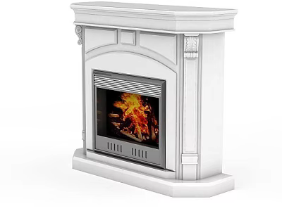 White Traditional Fireplace With Ornate Design And Burning Fire Interior Decor 3d model
