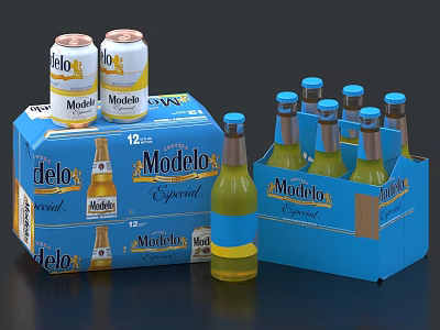 Modelo Especial Beer Cans And Bottles In Blue Packaging Boxes With 12 Pack Design 3d model