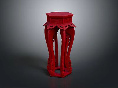 Red Hexagonal Furniture Stand With Intricate Carved Legs And Decorative Top 3d model