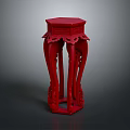 Red Hexagonal Furniture Stand With Intricate Carved Legs And Decorative Top
