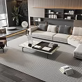 Modern Living Room Sofa Coffee Table Set With Grey Cushions Bookshelves And Plant