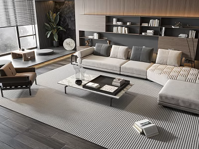 Modern Living Room Sofa Coffee Table Set With Grey Cushions Bookshelves And Plant 3d model