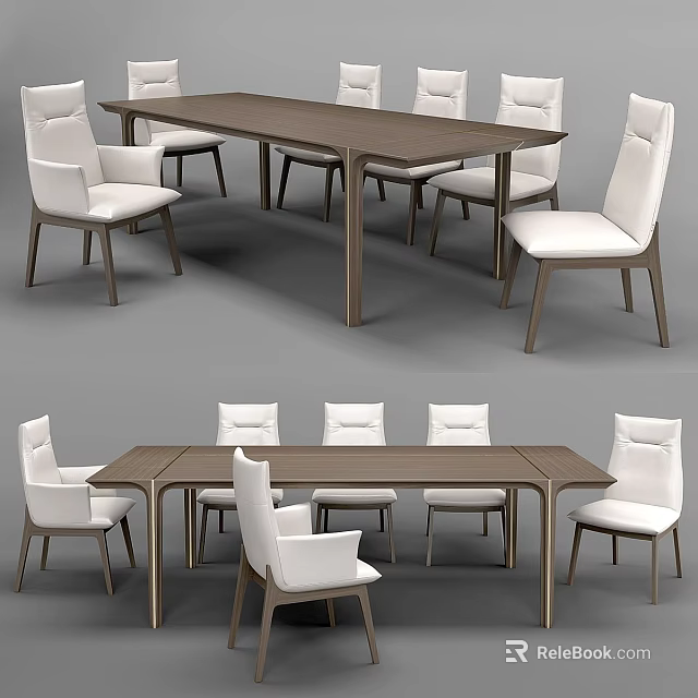 Modern Rectangular Dining Table Set With Wooden Tabletop And Six White Upholstered Chairs 3d model