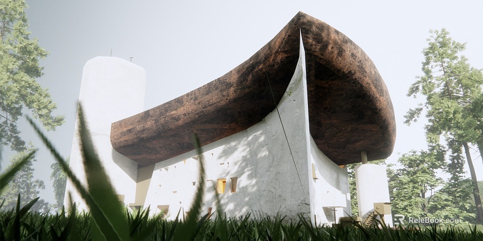 Modern Architecture With Curved Unique Roof And White Walls Surrounded By Greenery 3d model 
