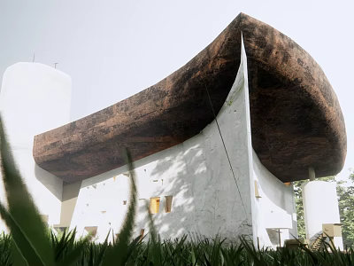Modern Architecture With Curved Unique Roof And White Walls Surrounded By Greenery 3d model
