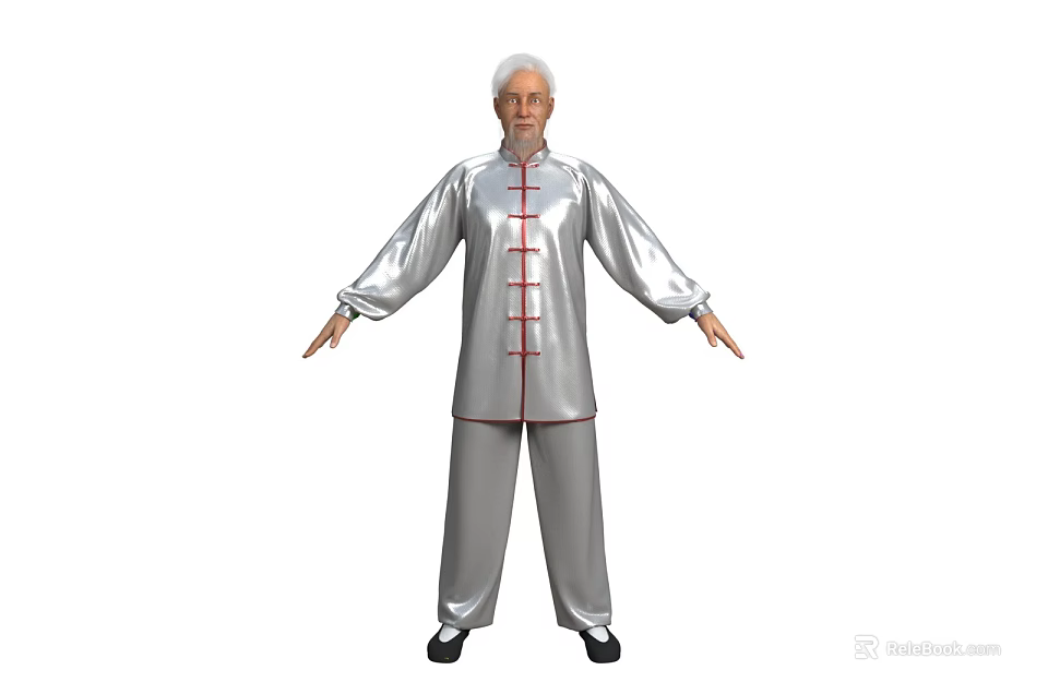 Elderly Man With White Hair In Silver Tai Chi Uniform Practicing Open Arms Pose 3d model 
