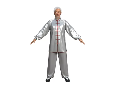 Elderly Man With White Hair In Silver Tai Chi Uniform Practicing Open Arms Pose 3d model