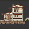 Traditional Two Story Guesthouse Building With Blue Tiled Roof Red Wooden Accents And Green Lawn