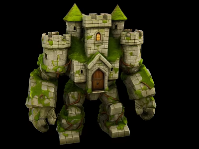 Stone Castle Giant Figure With Moss Covered Vines Small Windows And Green Spires 3d model
