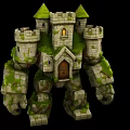 Stone Castle Giant Figure With Moss Covered Vines Small Windows And Green Spires