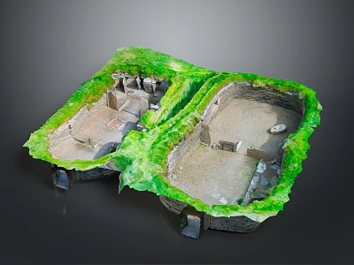 Ancient Architectural Model Featuring Sunken Areas Green Vegetation And Internal Structures 3d model