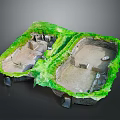 Ancient Architectural Model Featuring Sunken Areas Green Vegetation And Internal Structures