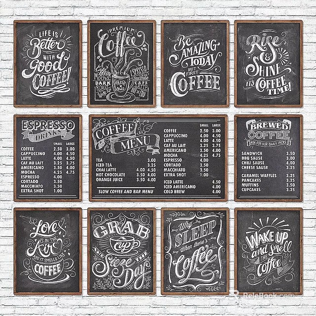 Coffee Themed Wall Decor Chalkboard Style Art Prints With Coffee Quotes And Menu Designs 3d model 