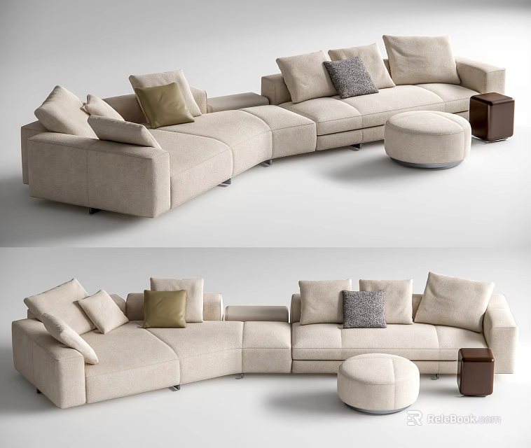 Modern Beige Irregular Shaped Sofa With Multiple Cushions Round Ottoman And Wooden Side Table 3d model