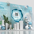 Blue And White Themed Photo Check In Spot With Balloons Plants Columns And QR Code