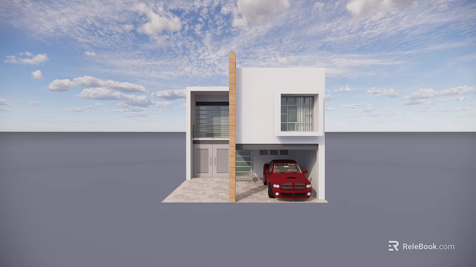 White Two Story Detached Villa With Garage And Red Car Exterior 3d model 
