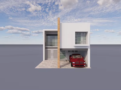 White Two Story Detached Villa With Garage And Red Car Exterior 3d model