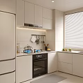 Modern Kitchen Interior Design With White Cabinets Window Blinds Countertop Sink And Appliances
