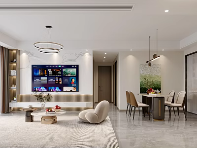 Modern Living Dining Room Interior With Large TV Sofa Dining Table And Pendant Lights 3d model