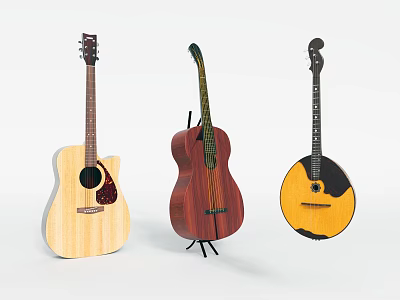 Three Varied Wooden String Instruments Including Acoustic Classical Guitar And Mandolin 3d model