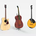 Three Varied Wooden String Instruments Including Acoustic Classical Guitar And Mandolin