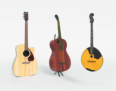 Three Varied Wooden String Instruments Including Acoustic Classical Guitar And Mandolin 3d model