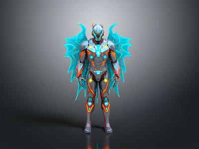 Futuristic Armored Warrior With Biomechanical Blue Wings And Orange Accents 3d model