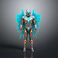 Futuristic Armored Warrior With Biomechanical Blue Wings And Orange Accents