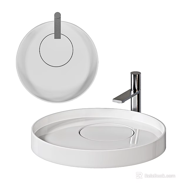 Modern White Round Countertop Washbasin with Sleek Silver Faucet for Contemporary Bathroom 3d model 