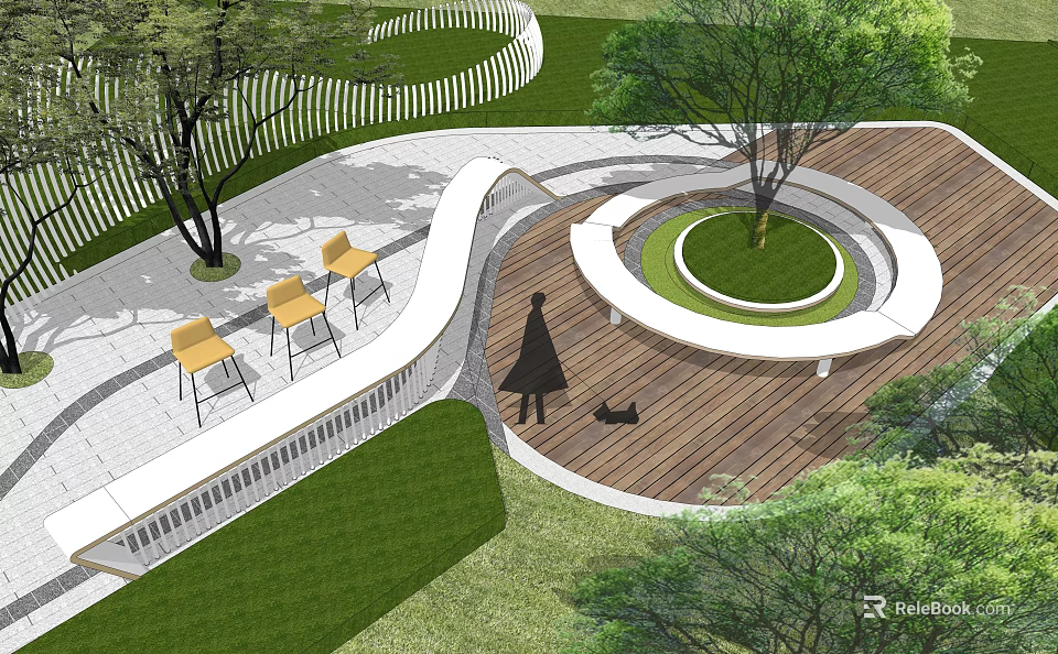 Modern Garden Landscape Design with Curved Walkway Circular Seating Area Wooden Deck And Yellow Chairs 3d model 