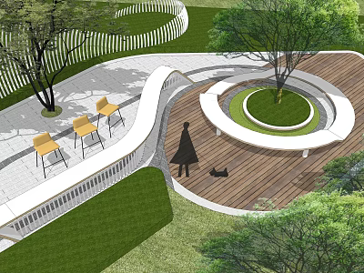 Modern Garden Landscape Design with Curved Walkway Circular Seating Area Wooden Deck And Yellow Chairs 3d model