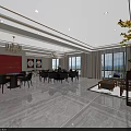 Elegant Modern Private Dining Room Interior With Dining Table Chairs Chandeliers Red Accent Wall 3d model