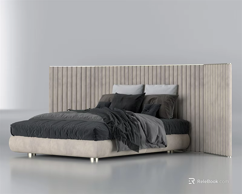Modern Double Bed With Ribbed Headboard Light Beige Frame And Dark Gray Bedding 3d model