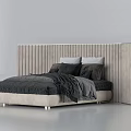 Modern Double Bed With Ribbed Headboard Light Beige Frame And Dark Gray Bedding 3d model