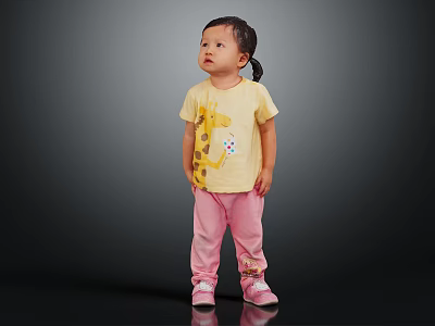 Cute Little Girl In Yellow Giraffe Print Tshirt Pink Pants And Pink Shoes Dark Background 3d model