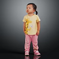 Cute Little Girl In Yellow Giraffe Print Tshirt Pink Pants And Pink Shoes Dark Background