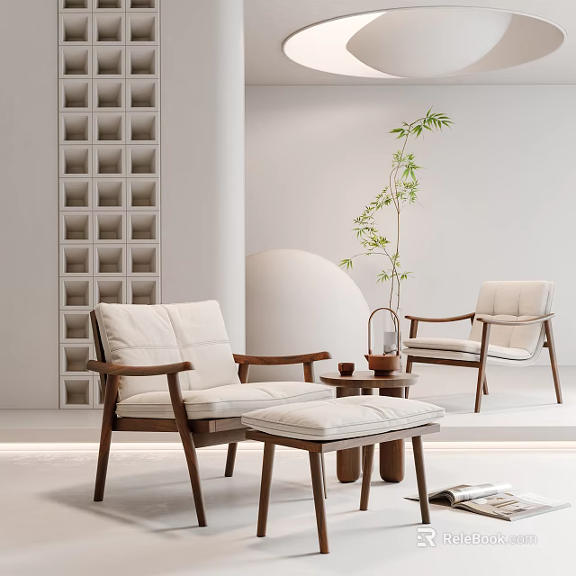 Modern Minimalist Leisure Sofa Set With Wooden Armrests Linen Cushions Side Table And Potted Bamboo 3d model 