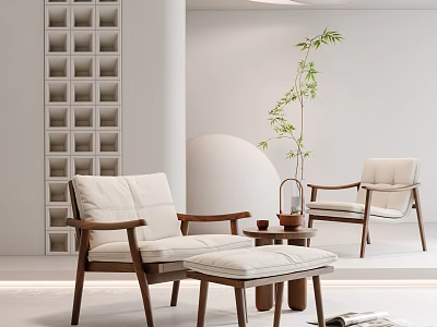 Modern Minimalist Leisure Sofa Set With Wooden Armrests Linen Cushions Side Table And Potted Bamboo 3d model